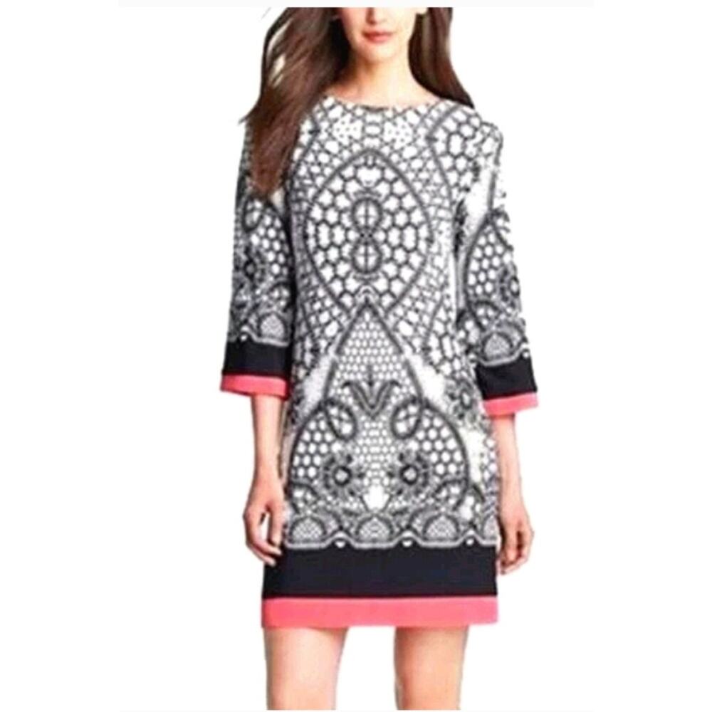 Eliza J Dress Womens Size 14 Long Sleeve Shift Lace Print Contrast Hem Career
